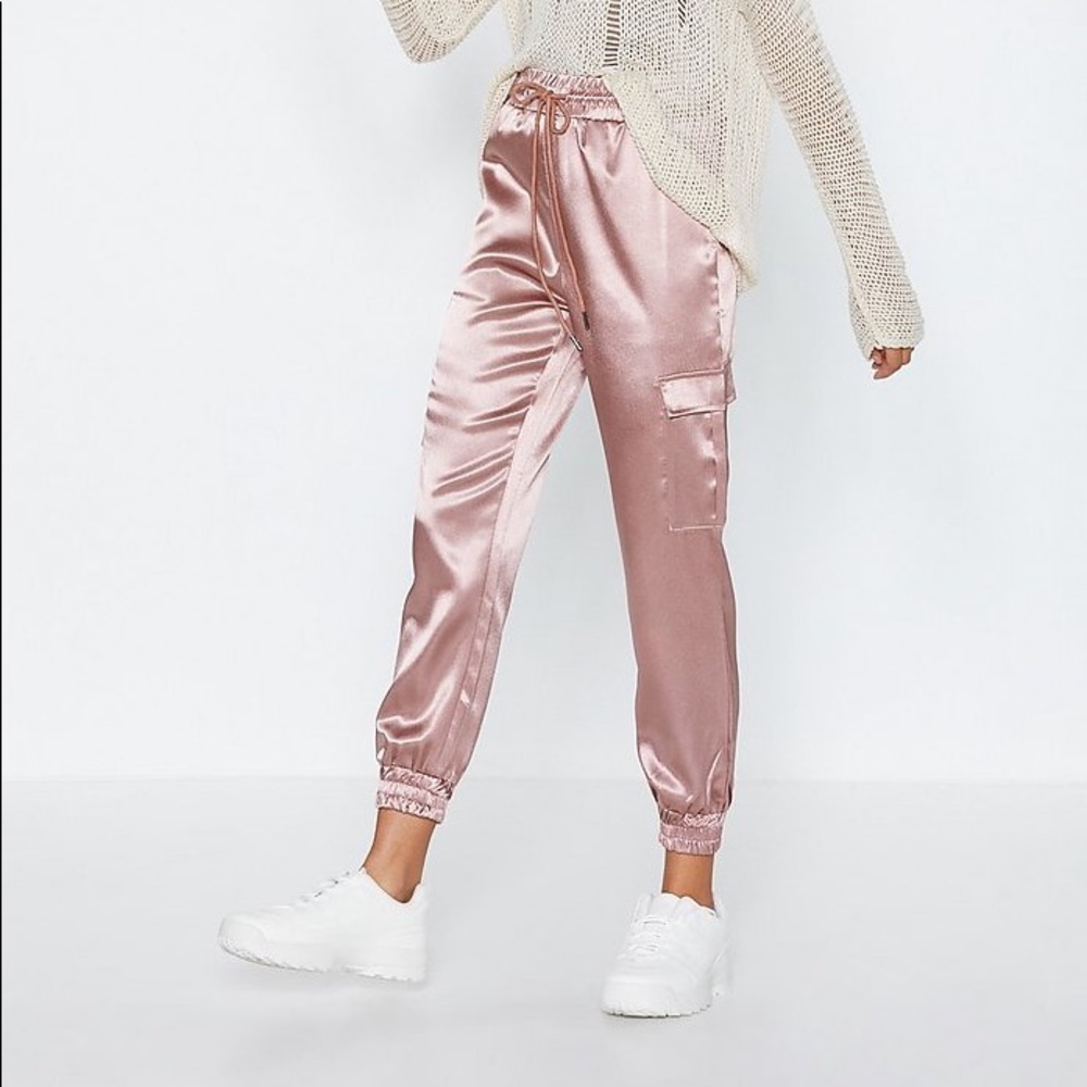 Nasty Gal Dusty Rose Satin Cargo Joggers